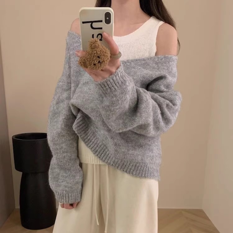 温柔风纯色宽松慵懒毛衣外套女套装松弛感复古软糯针织背心两件套