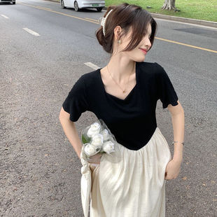 撞色拼接假两件短袖连衣裙女夏2024新款收腰显瘦方领中长裙有内衬