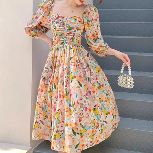 连衣裙夏季 收腰设计中长袖 温柔风洋气碎花女长裙子潮 超好看 法式