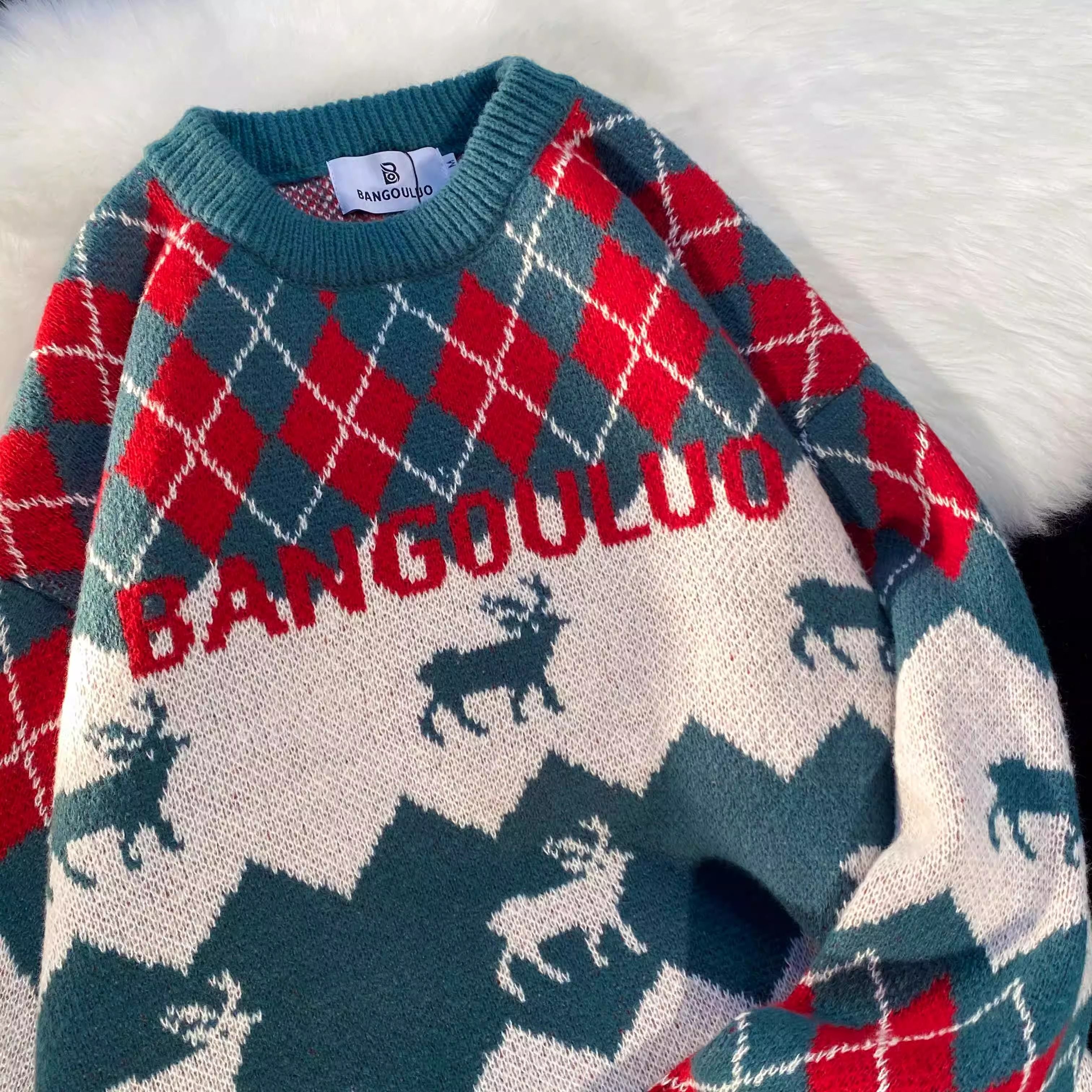 圣诞风小鹿菱形格图案保暖针织衫上衣韩版松弛感软糯女毛衣外套潮