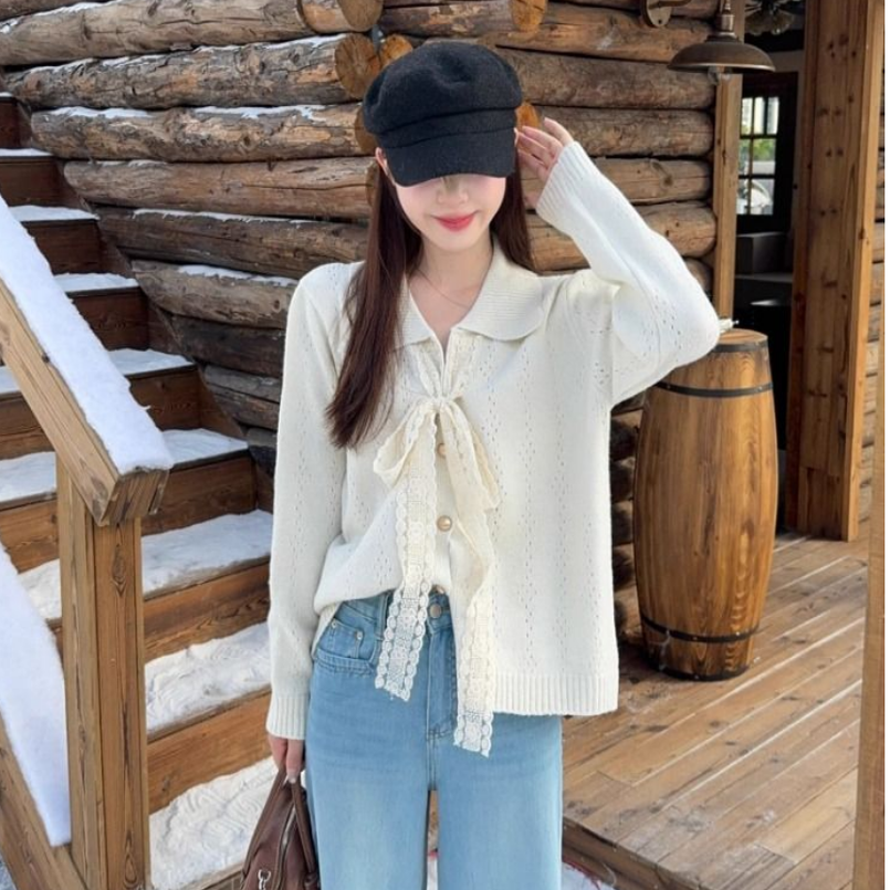 秋冬POLO领纯色蕾丝拼接针织衫上衣韩版松弛感软糯宽松女毛衣外套