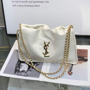 新款菱格双链条洋气欧美字母抽带水桶包腋下单肩斜挎女包牛皮潮包