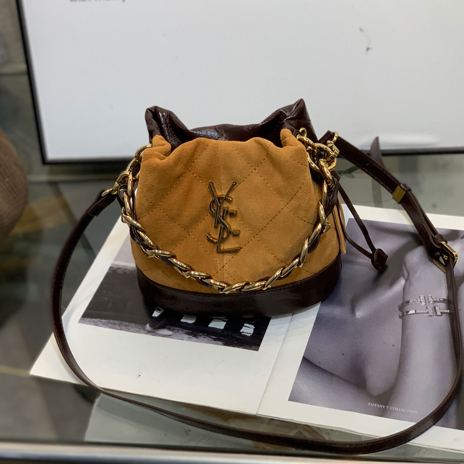 磨砂牛皮撞色粗链条手提大菱格迷你水桶包抽带单肩斜挎女包秋冬潮