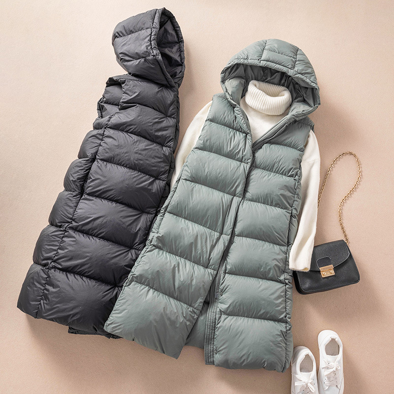 优品白鸭绒冬季时尚保暖秋冬羽绒马甲女加厚长款过膝连帽羽绒背心