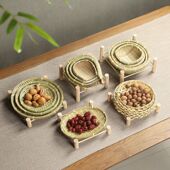 竹盘子干果盘水果茶点家用小号圆形木四脚架盘双层竹制品编织盘