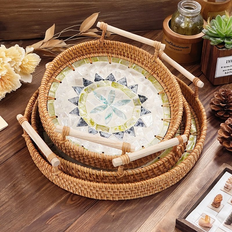 越南藤编贝壳托盘轻奢彩贝圆形创意水果盘面包筐家用点心高级托盘,餐饮具,果盆/果盘/果篮,淘宝优惠券,粉丝福利购,淘宝优惠卷
