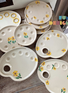 现 泰国艺术家Chana手工陶瓷画盘 梵高向日葵调色盘 桌面摆件装饰