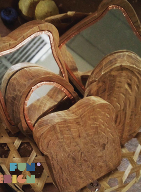 【 FunDesign】泰国手工雕刻柚木创意面包片随身化妆镜 女友礼物