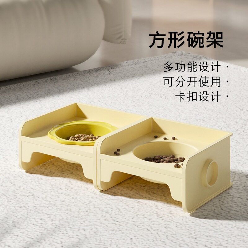 猫碗双碗陶瓷方块碗猫用喝水碗不易打翻宠物食盆猫咪餐桌幼猫粮碗
