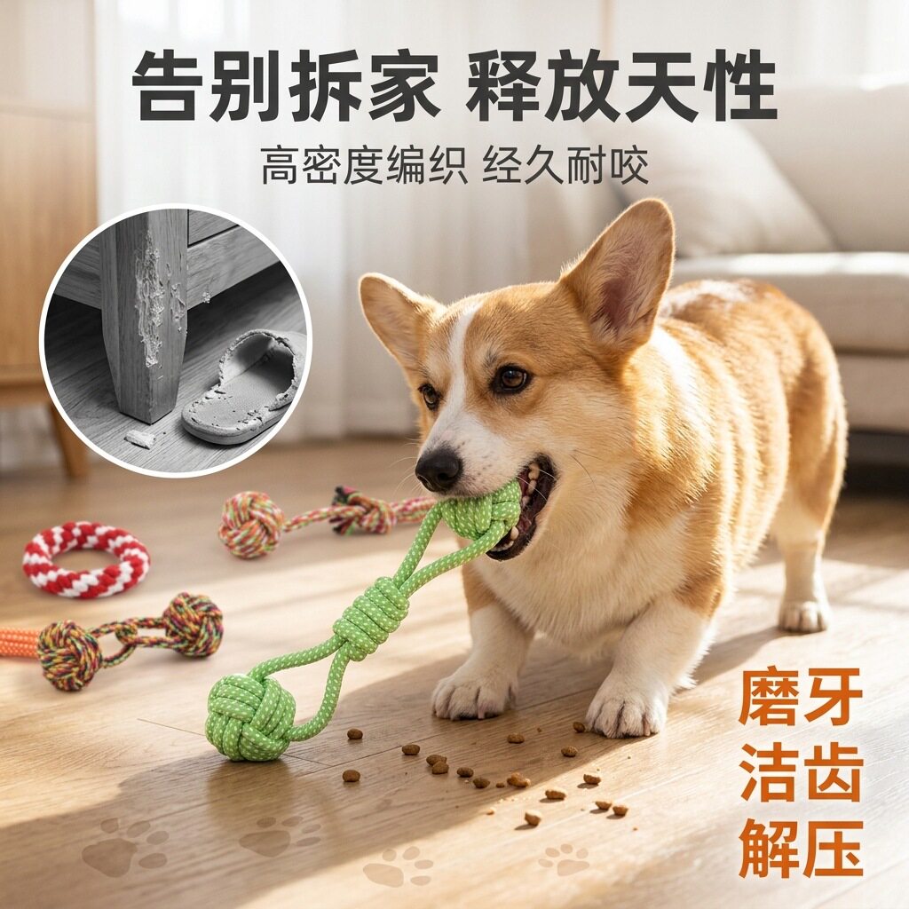 磨牙棉绳玩具狗狗结绳玩具换牙期耐咬防拆家大狗绳结玩具用品