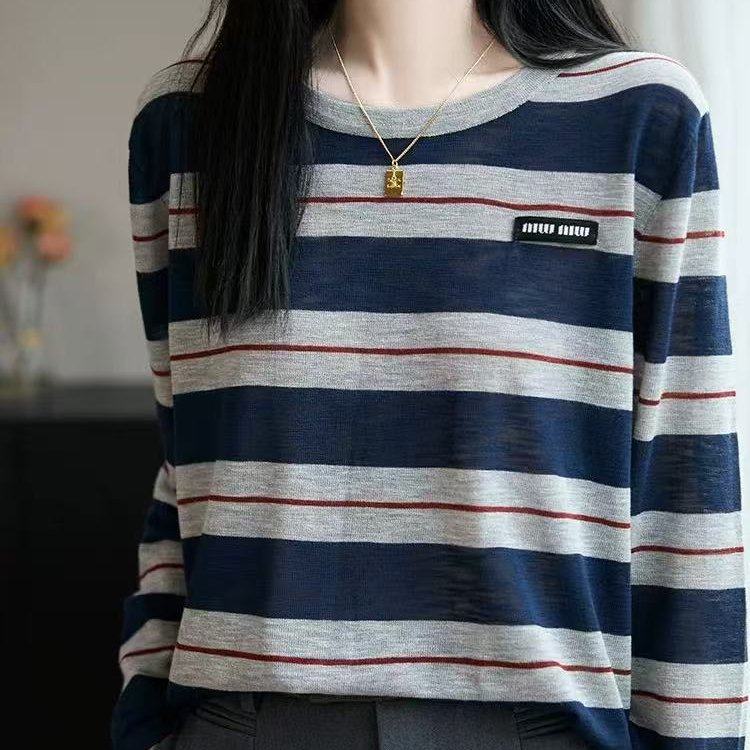 2025新款时尚洋气条纹针织衫女宽松显瘦百搭长袖毛衣打底上衣潮,女装/女士精品,毛衣,淘宝优惠券,粉丝福利购,淘宝优惠卷