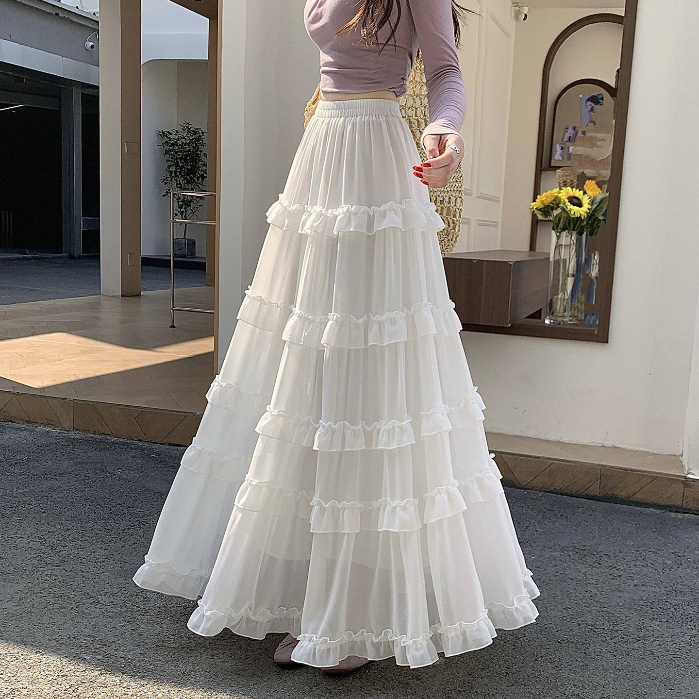 法式温柔风仙气蛋糕雪纺半身裙女2026春新款高腰木耳边A字长裙子,女装/女士精品,半身裙,淘宝优惠券,粉丝福利购,淘宝优惠卷