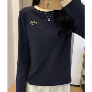 实价实拍美式复古杏色刺绣正肩长袖t恤女秋春季上衣打底衫女内搭