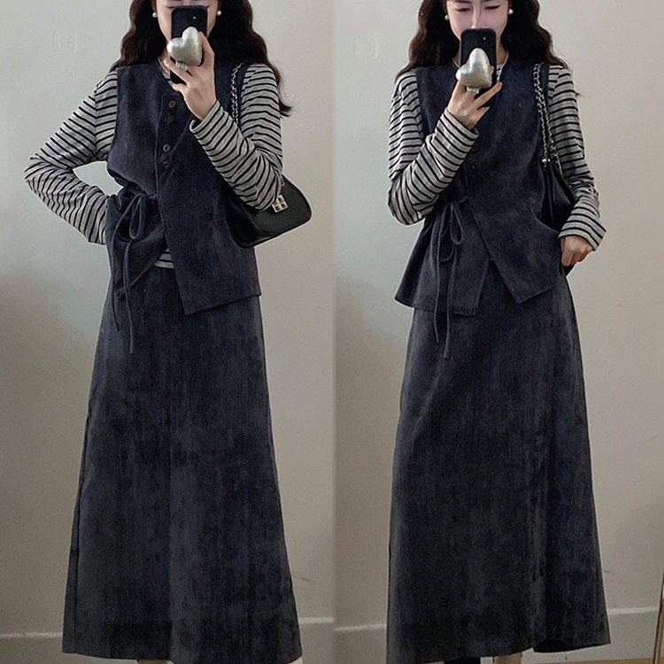 实拍大码女装简约马甲条纹内搭半身裙灰色复古慵懒风三件套,女装/女士精品,大码套装,淘宝优惠券,粉丝福利购,淘宝优惠卷