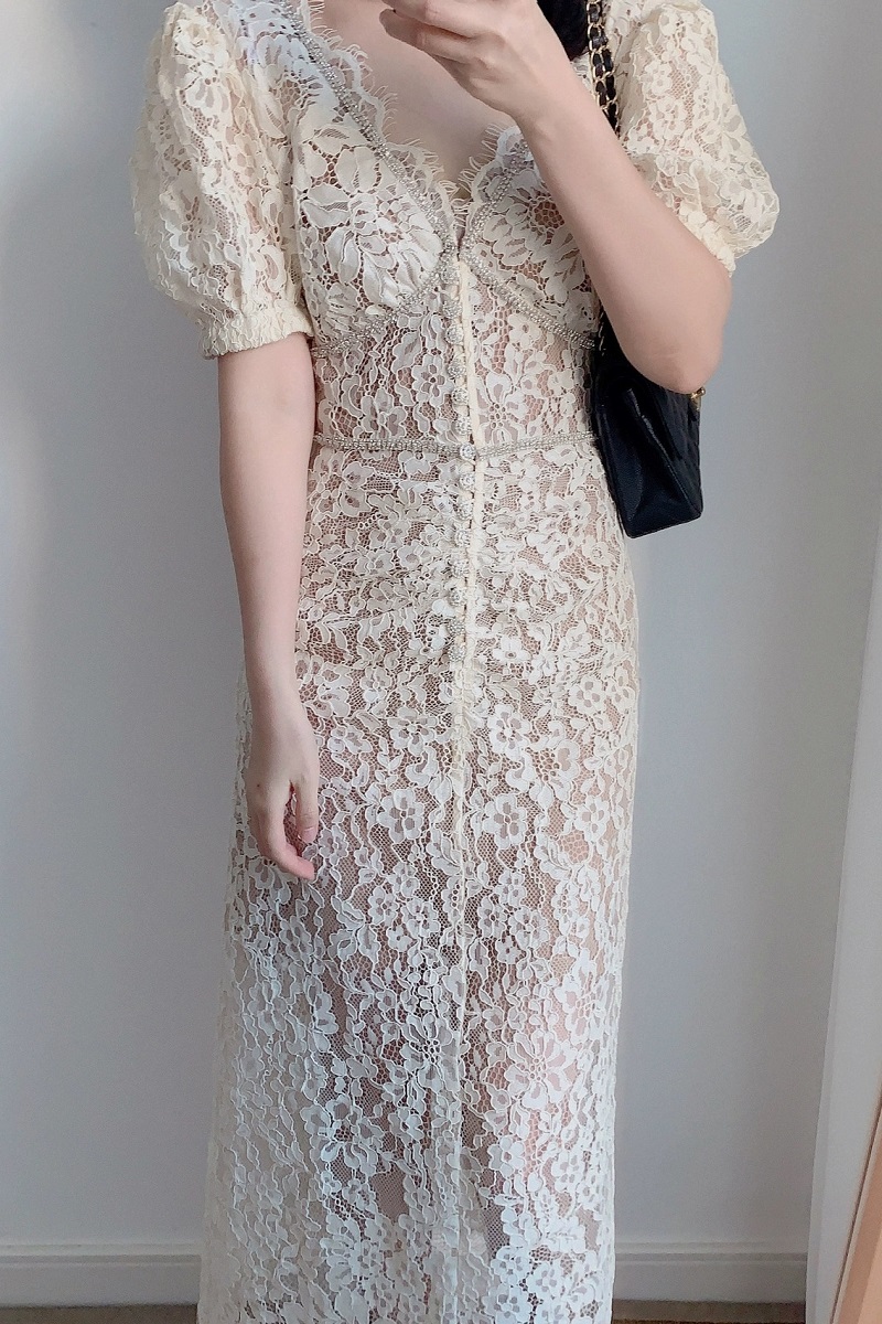 2023新款IEVEA SELF元版睫毛蕾丝花边拼接镶钻短袖V领连衣裙