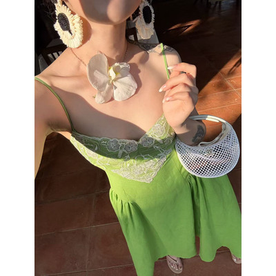 DUO智仙 黑标 波上灵妃夏日新鲜绿刺绣吊带露背度假亚麻连衣裙