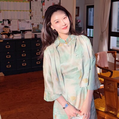 DUO智仙生黑标 春水云湿水绿晕染烫金新中式旗袍和上衣