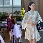 水月松风 DUO智仙生 黑标 可外穿度假风紫色晨袍和印花连衣裙