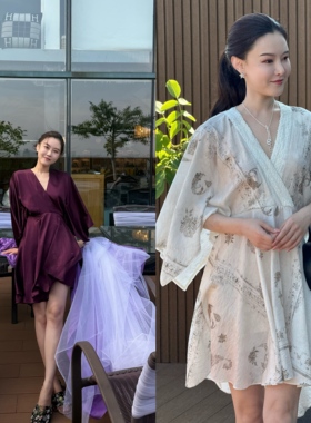 DUO智仙生 黑标 水月松风 可外穿度假风紫色晨袍和印花连衣裙