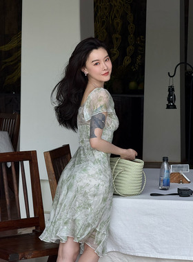 DUO智仙 黑标 阳光的诗篇轻轻摇曳 绿色花朵系真丝混纺古董连衣裙