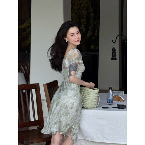 DUO智仙 黑标 阳光的诗篇轻轻摇曳 绿色花朵系真丝混纺古董连衣裙
