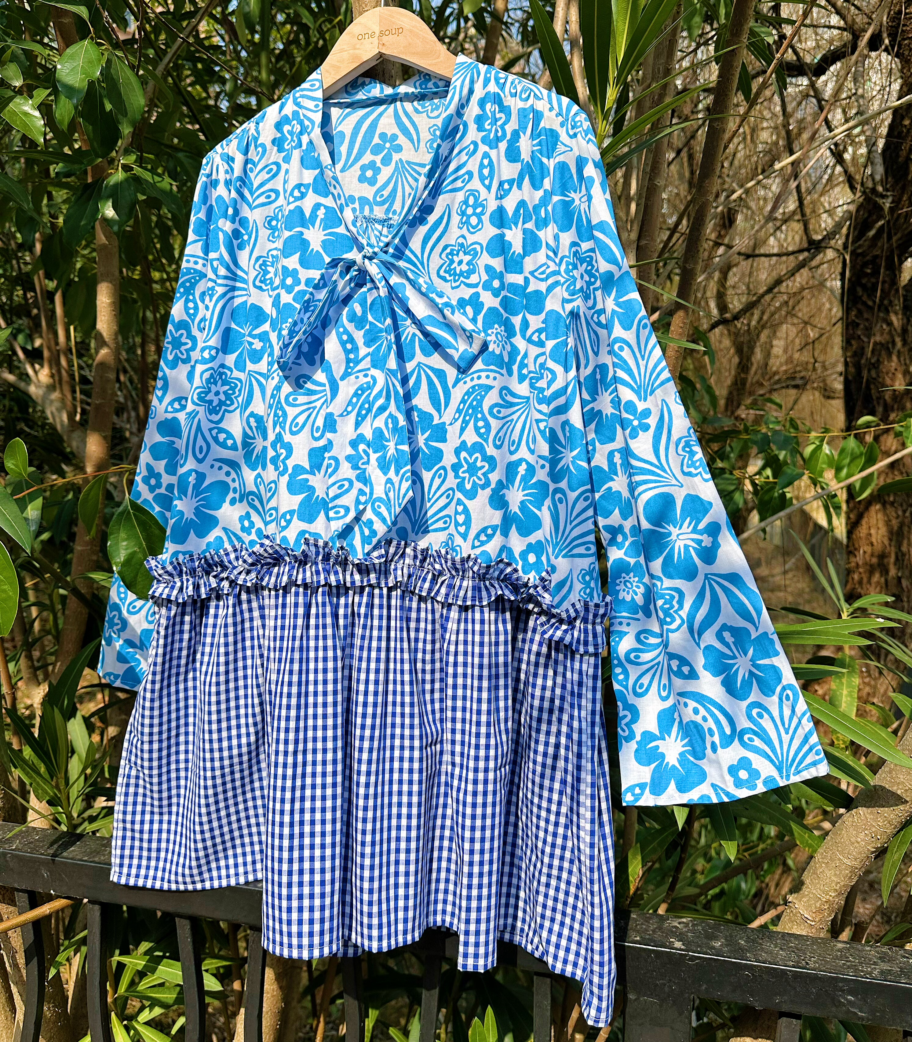手作孤品浪漫异域风情蓝色热带植物印花vintage感格纹拼接连衣裙-