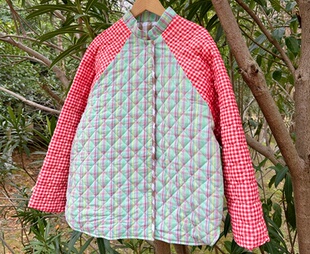 手作孤品薄荷绿韩系格纹拼接复古森系爱心绗缝夹棉棉服棉袄外套-