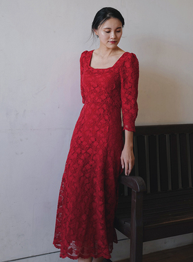 《四叶草》正红色 韩国复古蕾丝连衣裙礼服 新娘敬酒服回门宴年会
