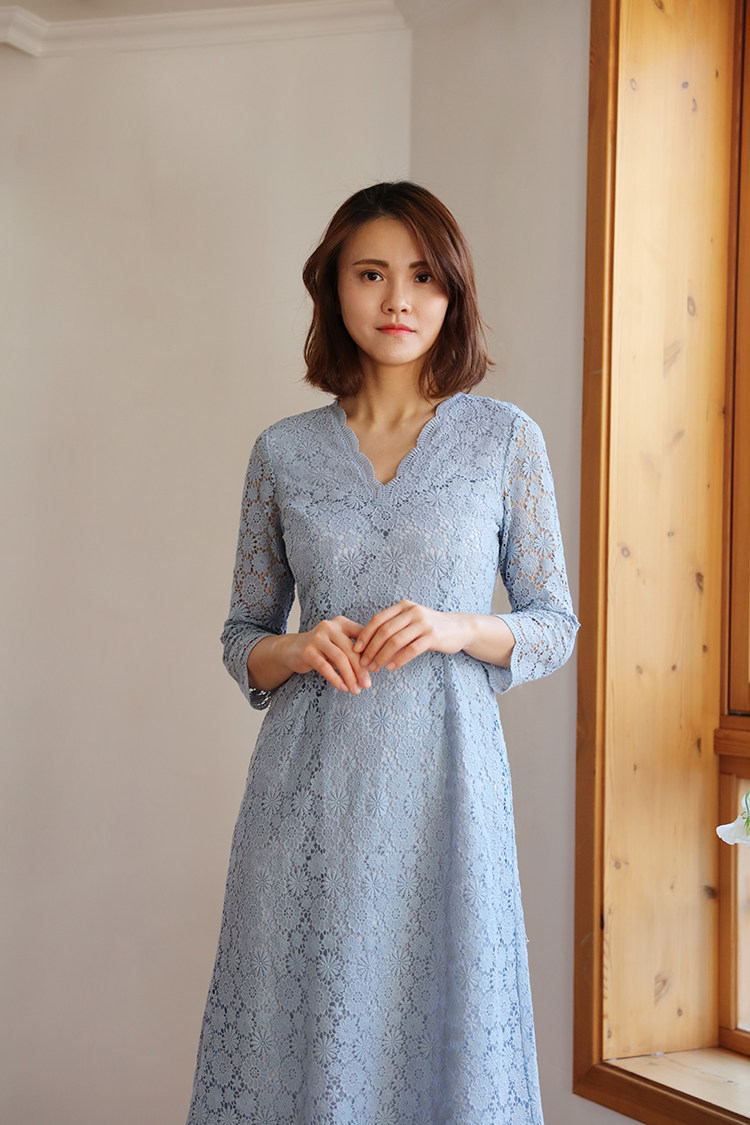 SHOOYA原创《木兰》雾霾蓝色蕾丝复古轻婚纱礼服重工长袖连衣裙