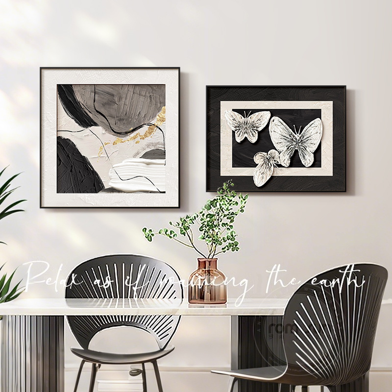 简约现代餐厅装饰画抽象黑白卧室床头壁画高级感蝴蝶饭厅餐桌挂画图片