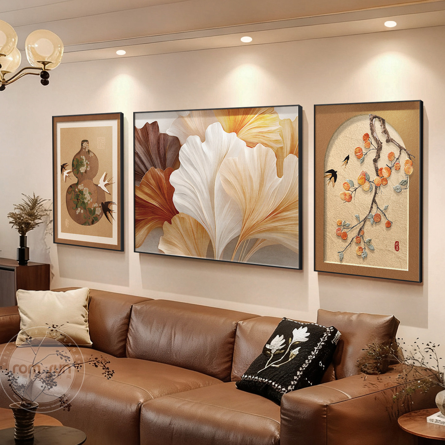 家大业大客厅装饰画沙发背景墙三联组合画银杏叶高级感办公室挂画,家居饰品,现代装饰画,淘宝优惠券,粉丝福利购,淘宝优惠卷