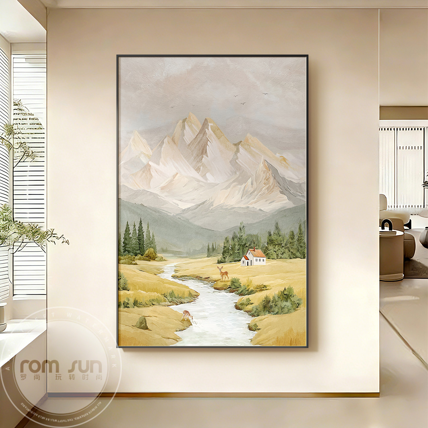 流水生财玄关装饰画背有靠山客厅挂画山水风景高级感走廊过道壁画