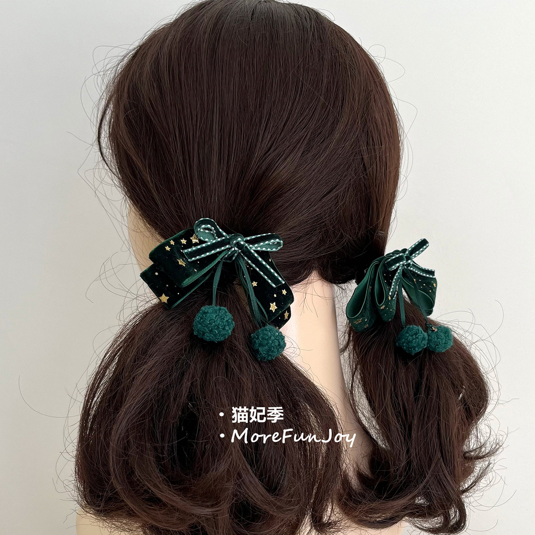 猫妃季绿色系丝绒蝴蝶结发绳双马尾发夹边夹刘海圣诞节礼物2025新