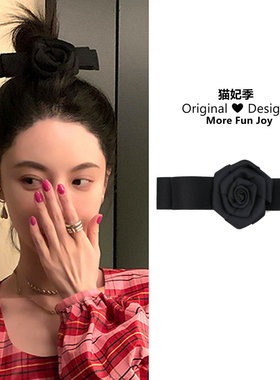 高丸子头~mona张绮贤同款黑色玫瑰花蝴蝶结顶夹简约网红发夹新