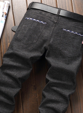 春秋男牛仔裤黑色磨毛厚款长裤弹力中腰修身直筒商务休闲工作裤潮
