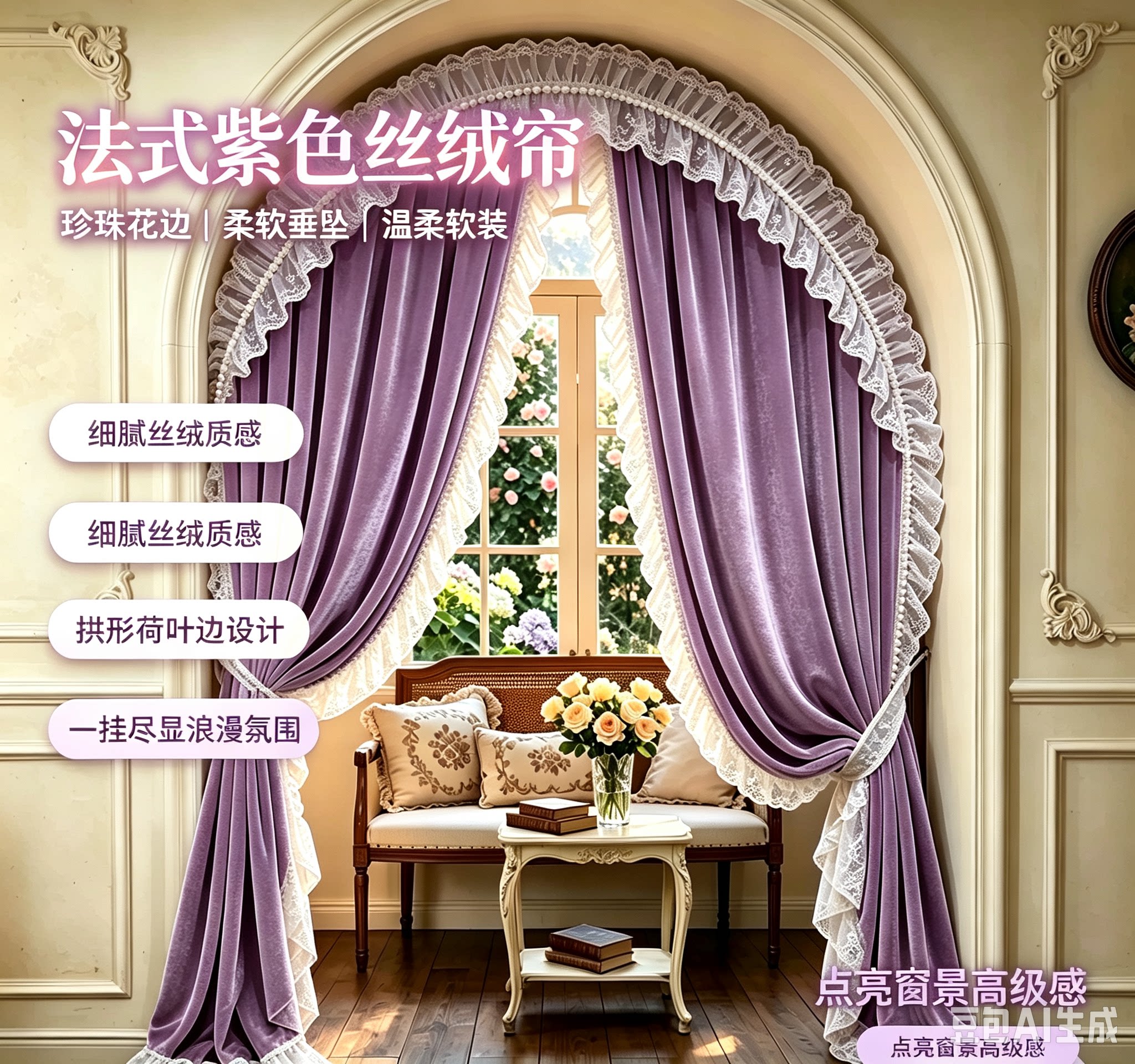 法式复古拱形窗帘丝绒蕾丝花边遮阳帘圆顶门帘卧室遮光隔热防晒图片