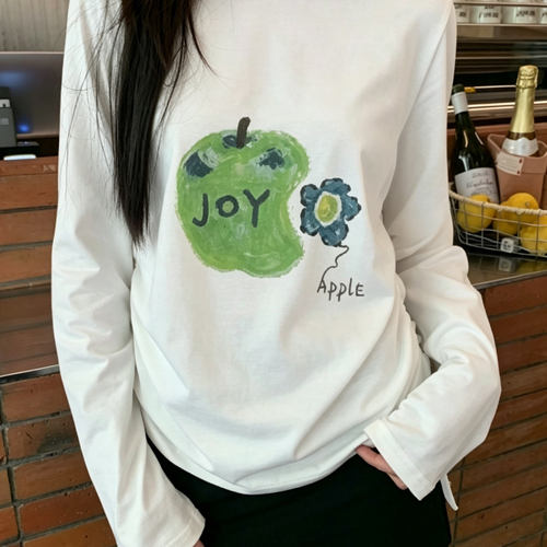 韩系油画风苹果印花长袖T恤女