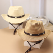 儿童帽子夏季 男女童西部牛仔草帽亲子4 5岁宝宝沙滩防晒遮阳凉帽6