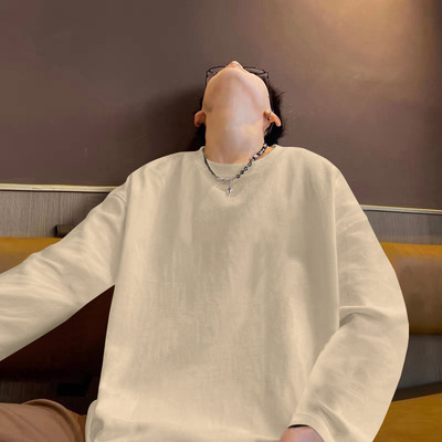 白色长袖T恤男秋冬季2024新款宽松打底衫内搭青少年上衣纯棉体恤