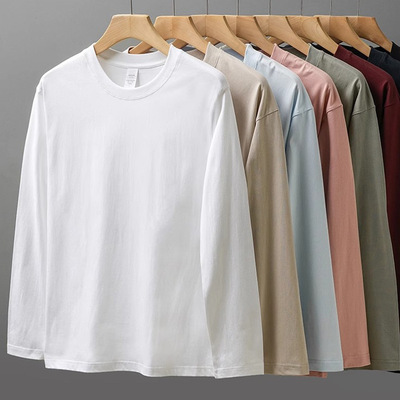 200g重磅纯棉长袖t恤宽松男女纯白色内搭T圆领秋冬打底衫全棉上衣