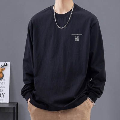 美式复古长袖T恤男生春秋季上衣外穿宽松内搭打底衫圆领潮牌