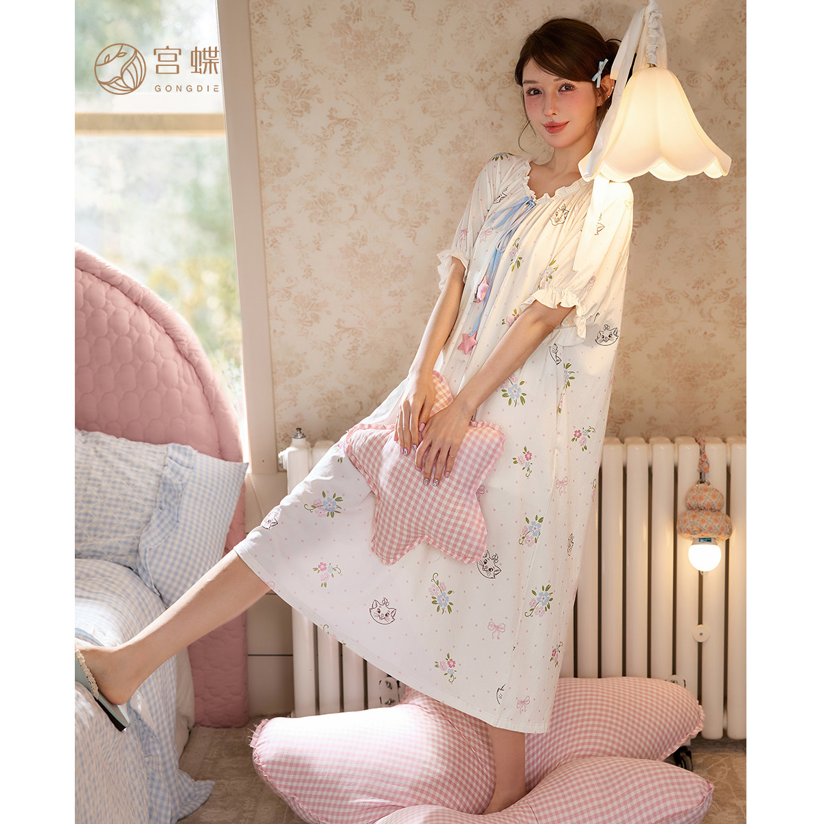 宫蝶【凉感型】迪士尼玛丽猫少女短袖睡裙莫代尔棉外穿v领睡衣夏