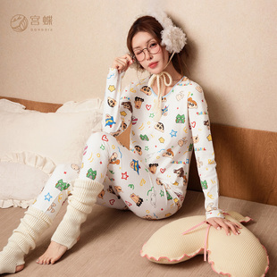 宫蝶蜡笔小新保暖内衣女生薄款长袖纯棉贴身打底衫秋衣青少女内搭