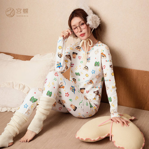 宫蝶蜡笔小新保暖内衣女生薄款长袖纯棉贴身打底衫秋衣青少女内搭