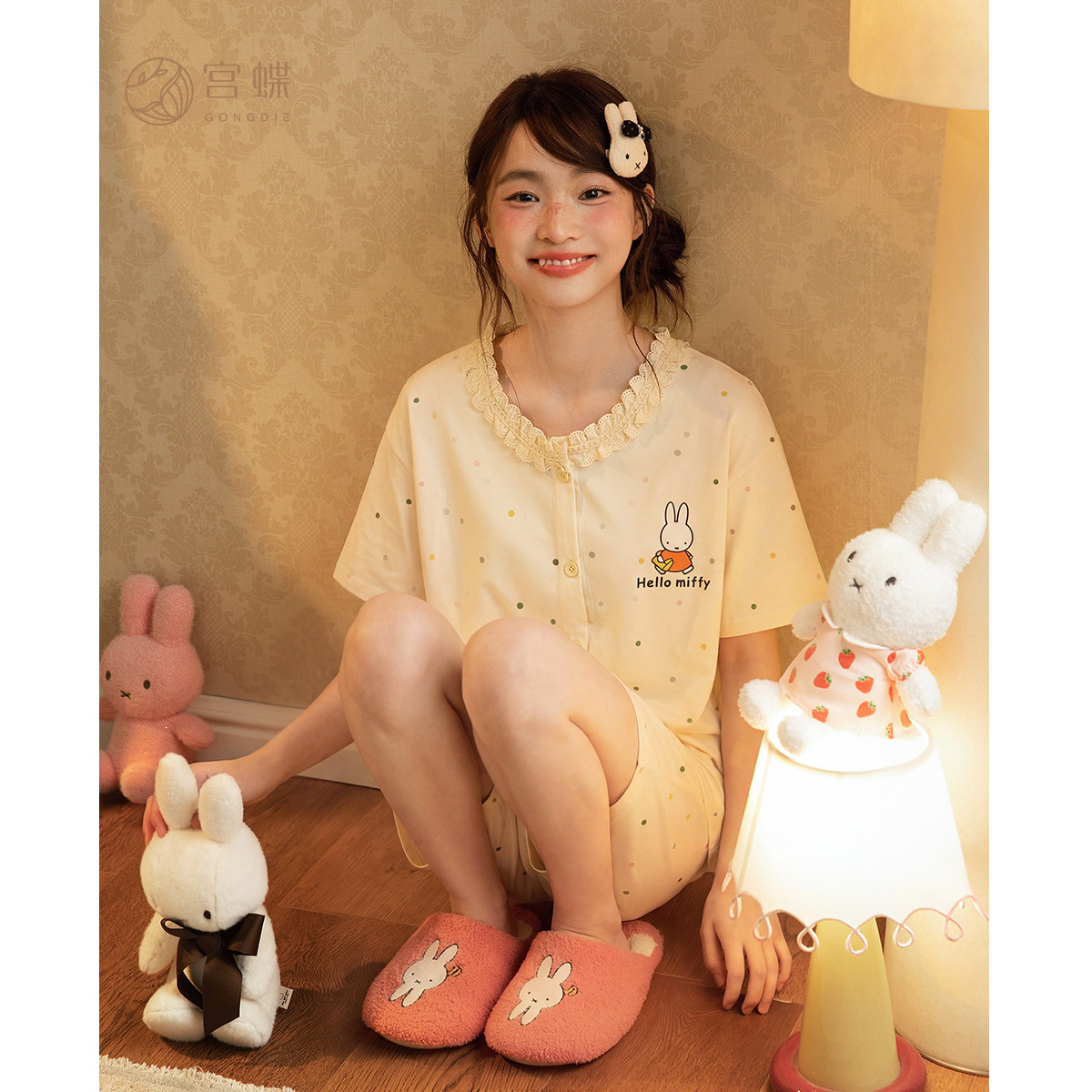 宫蝶【凉感型】米菲少女纯棉睡衣夏季短袖卡通花边外穿家居服套装