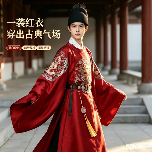 明制红色圆领袍汉服套装龙纹