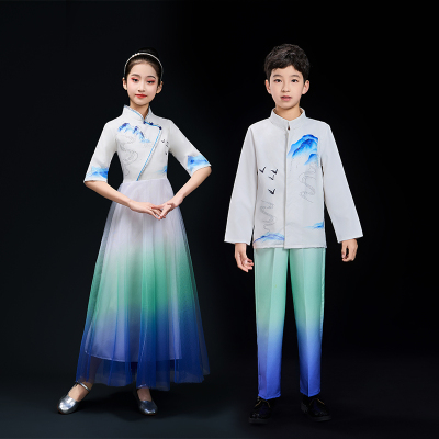 六一儿童合唱诗歌朗诵演出服女童中国风小学生蓝色演讲比赛礼服装