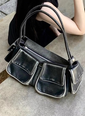 FBAG2023秋季新款小众多口袋机车辣妹洗水做旧废土风单肩腋下包女