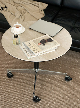 舒梵随行茶几/可升降移动多功能小圆桌/中古洞石岩板咖啡桌边几