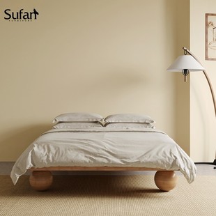 极简齐边 实木无床头双人大板床ins日式 舒梵星际床 侘寂复古